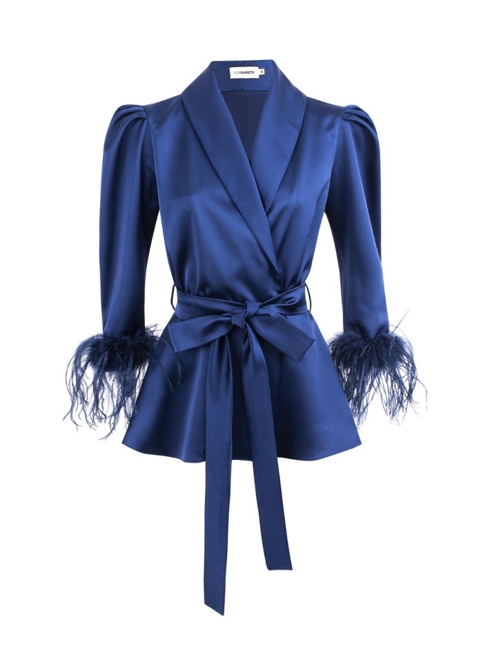 Black crossover blouse with lapels and feathers