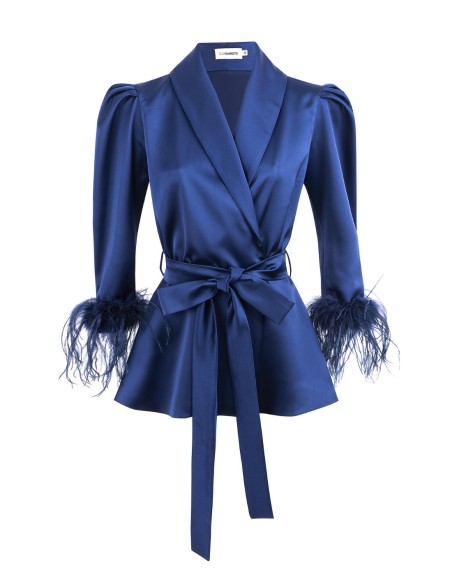 Black crossover blouse with lapels and feathers