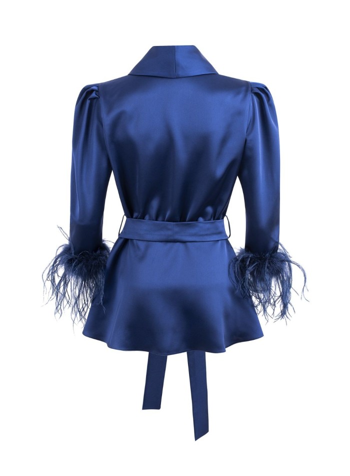 Black crossover blouse with lapels and feathers