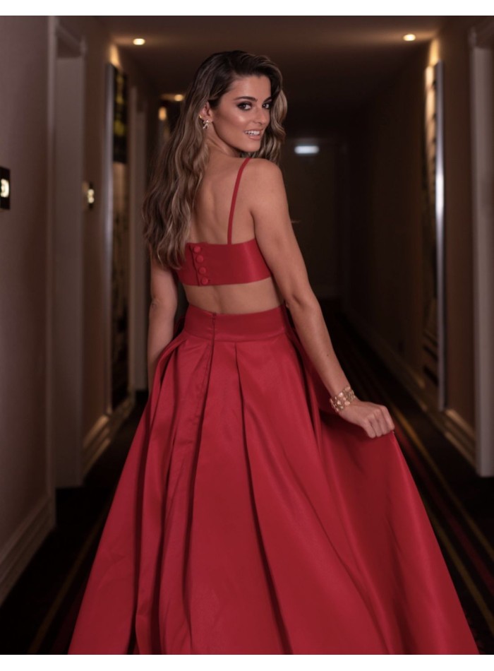 Long red party skirt with side lacing - Joana Aguiar
