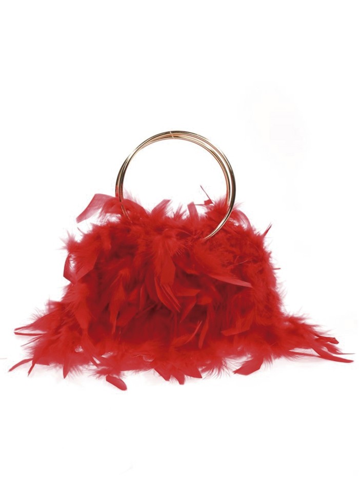 Evening clutch bag with feathers and rigid handle - various colours