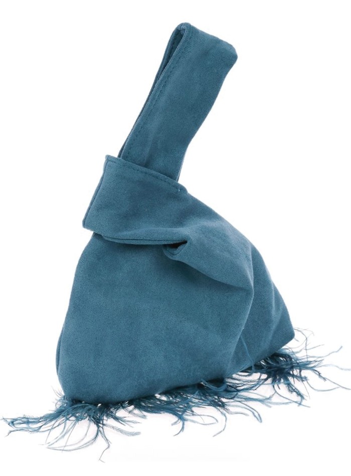Japanese suede clutch bag with feathers