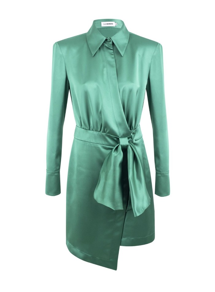 BELTED SATIN SHIRT DRESS - Emerald