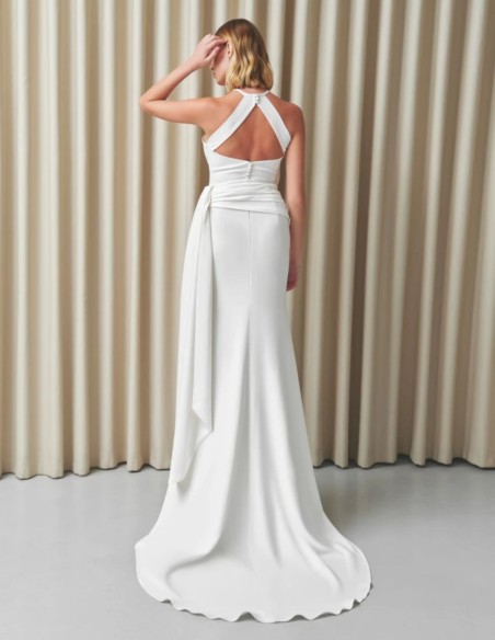 Vestido de novia marfil con escote halter drapeado y drapeado en la cintura Vestido de novia marfil con escote halter drapeado y drapeado en la cintura
