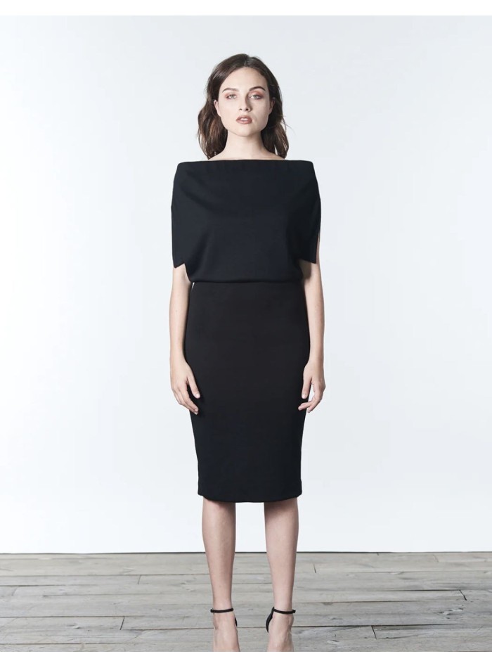 Black knitted dress with multiposition bardot neckline