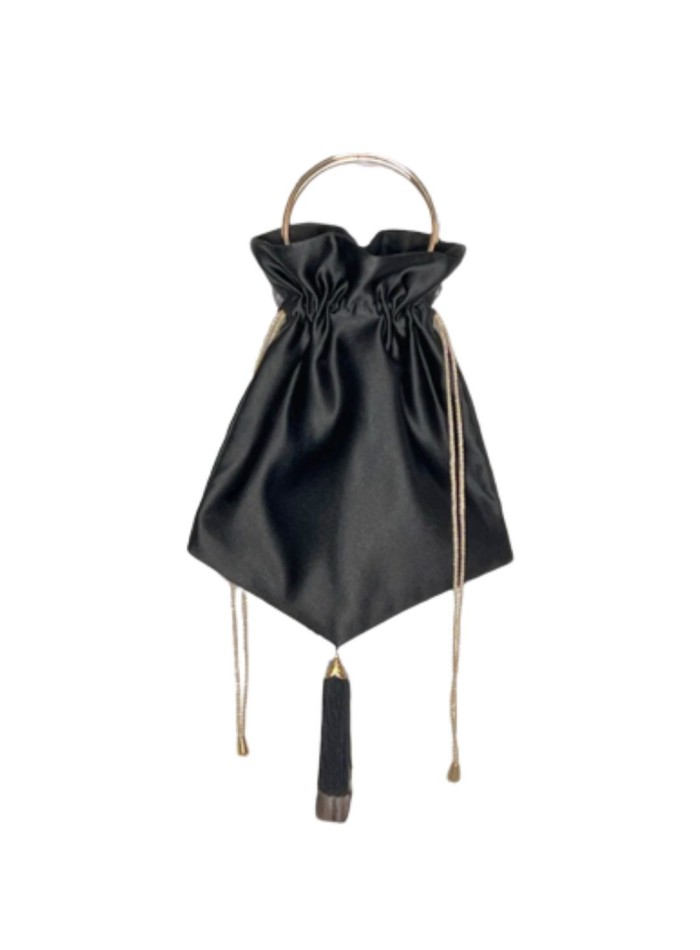 Satin bowler bag with fringes and gold-coloured handle
