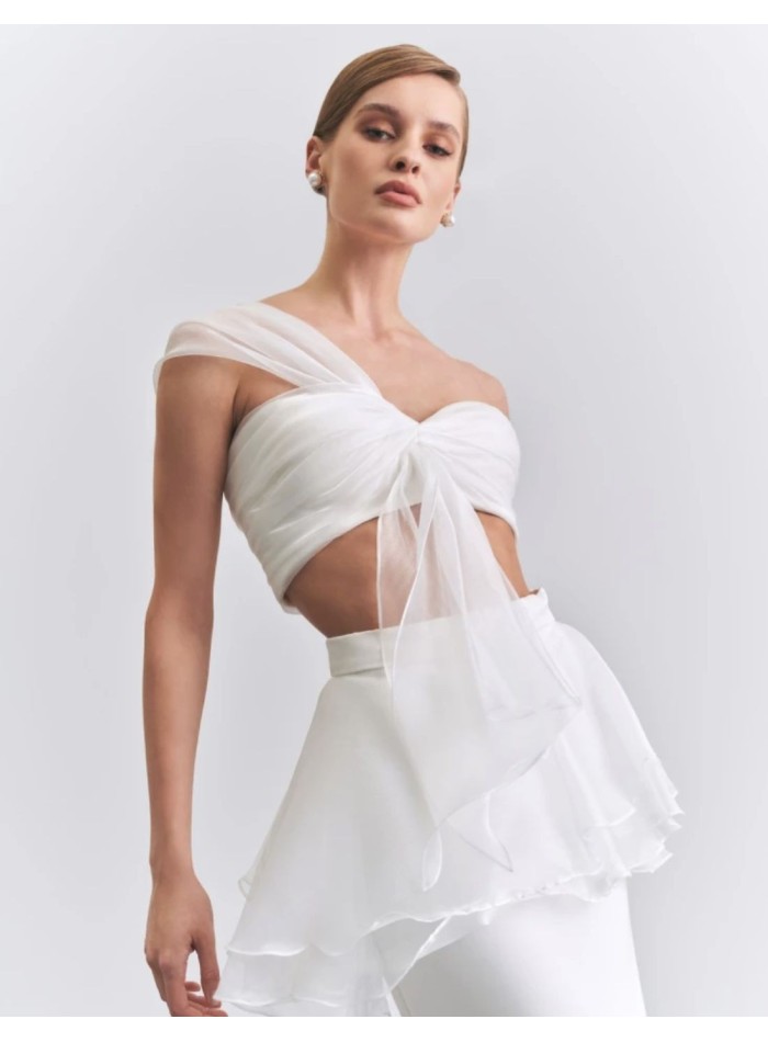 Ivory party top with asymmetrical tulle neckline