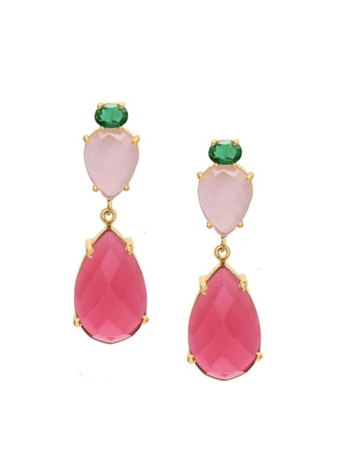 Pendientes de fiesta de lágrima con piedras hidrotermales en color rosa y verde esmeralda perfectos para verano.