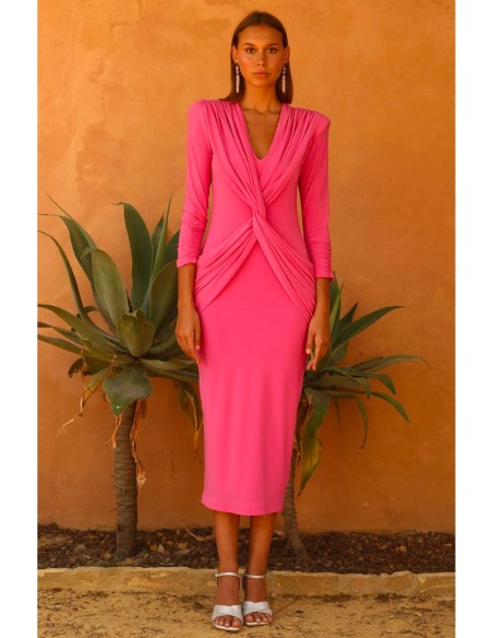 Midi party dress with crossover sash and V-neckline