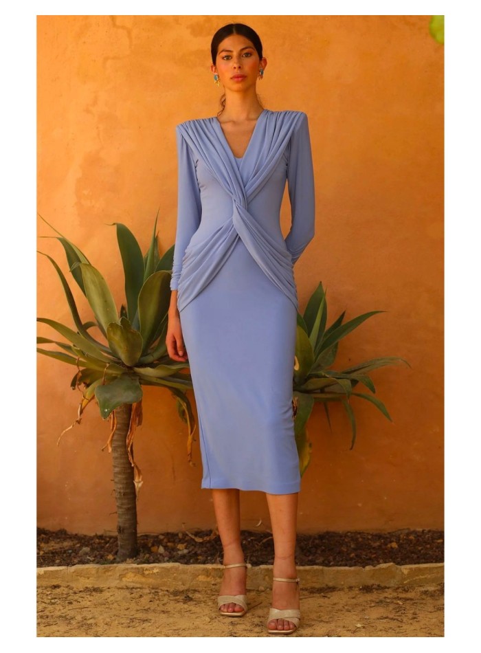 Midi party dress with crossover sash and V-neckline