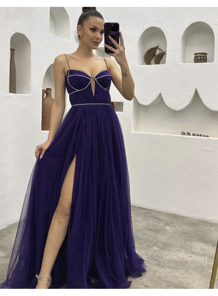 Robe de soirée en tulle avec corsage orné de strass