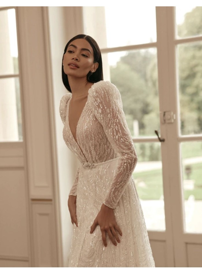 Robe de mariée ligne droite avec dentelle et strass