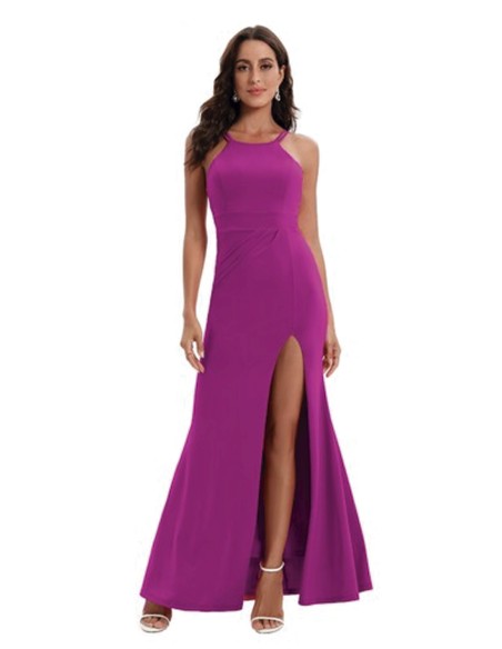 Long evening dress with halter neckline and slit