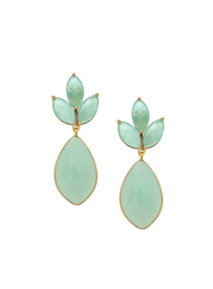 Party earrings with three aquamarine petal-shaped stones and a large dangling stone in the same tone.