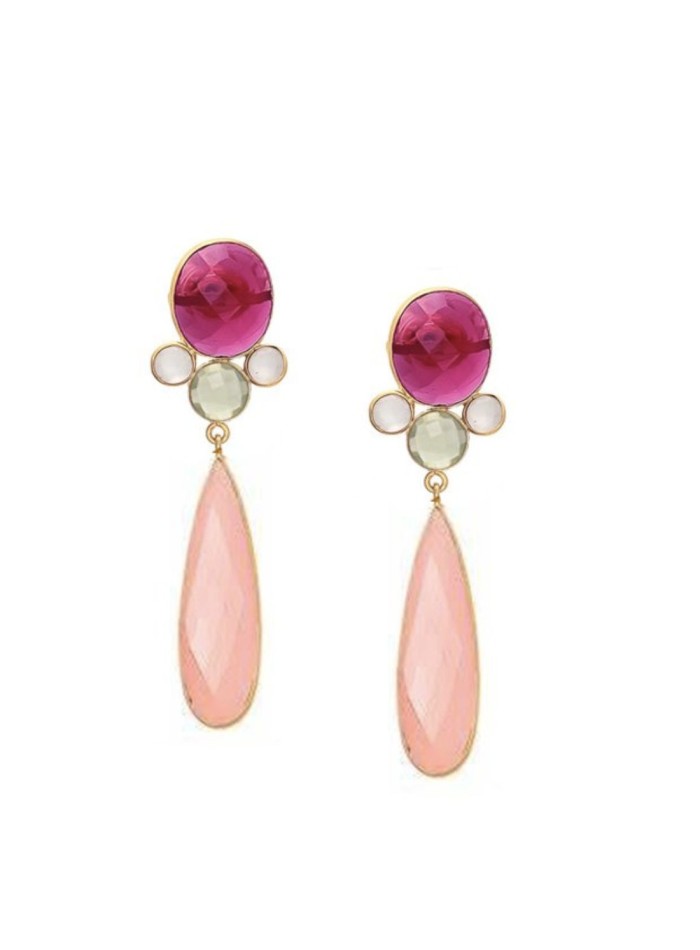 Rose quartz teardrop earrings with hydrothermal stones in fuchsia, white and green.