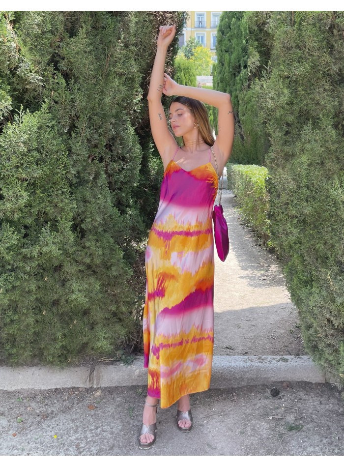 Tie-dye strapless and cross-back guest dress