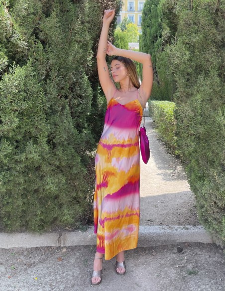 Tie-dye strapless and cross-back guest dress
