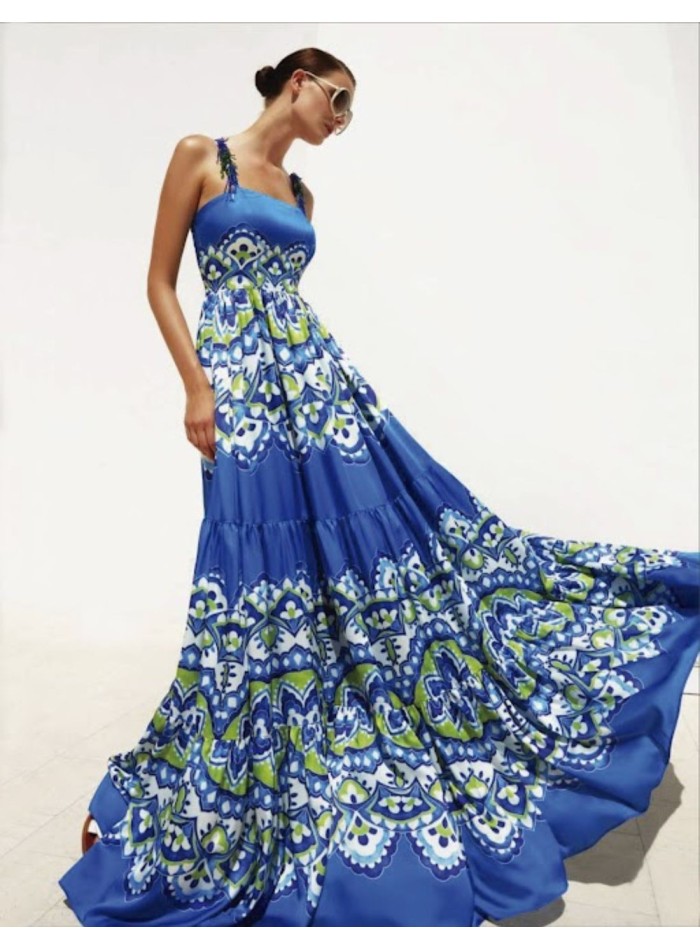 Long blue printed dress with straps and ornaments