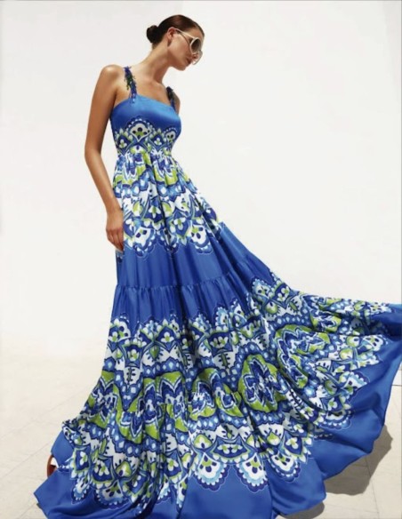 Vestido largo azul estampado con tirantes adorno