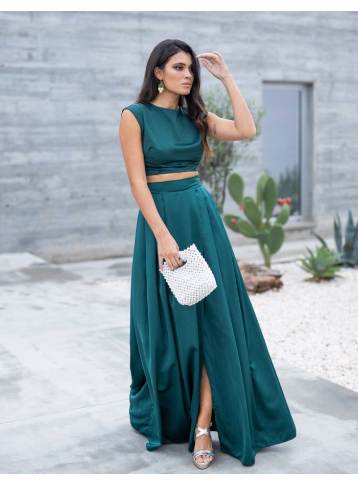 Falda larga de fiesta con abertura color verde