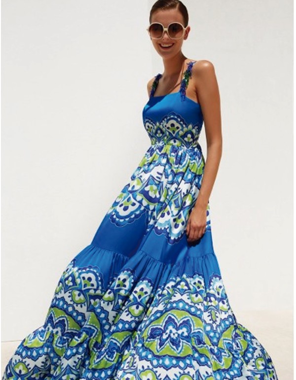 Vestido largo azul estampado con tirantes adorno 2