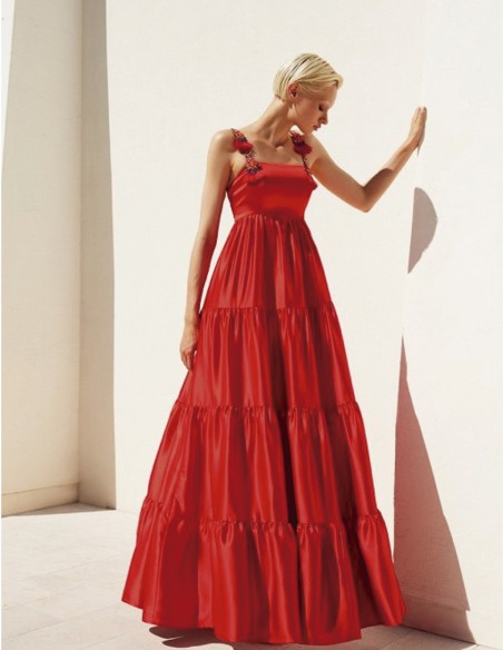 Long party dress with beaded shoulder straps