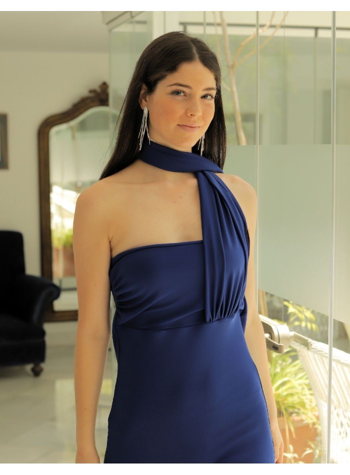 Robe de soirée midi bleu roi avec écharpe