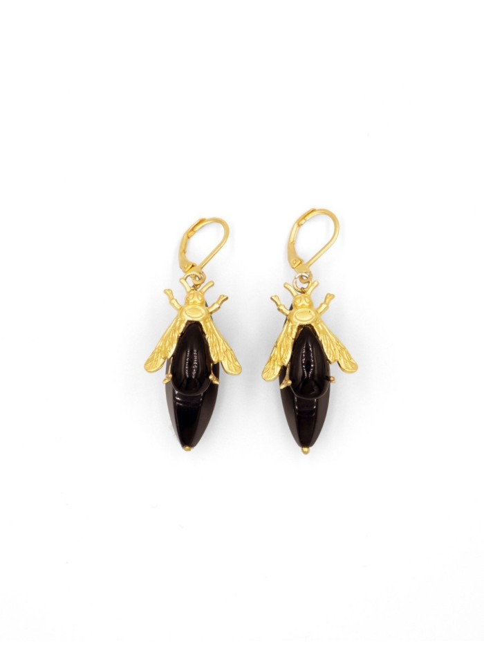 Gold and black beetle party earrings