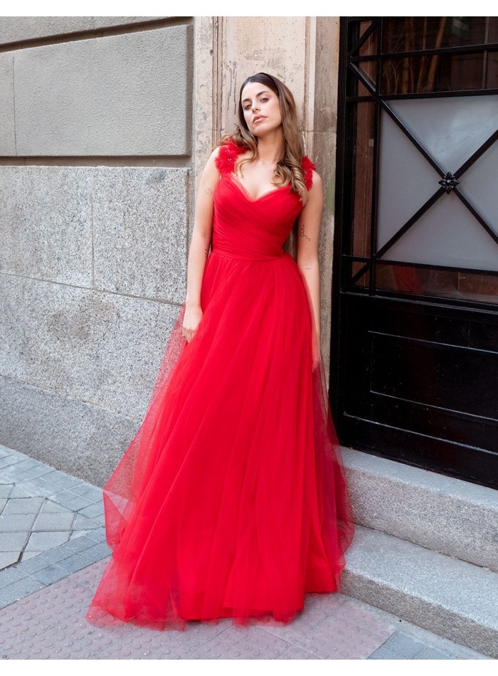 Vestido de fiesta largo de tul con tirantes de flores