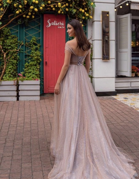 Mauve long party dress with glittering tulle