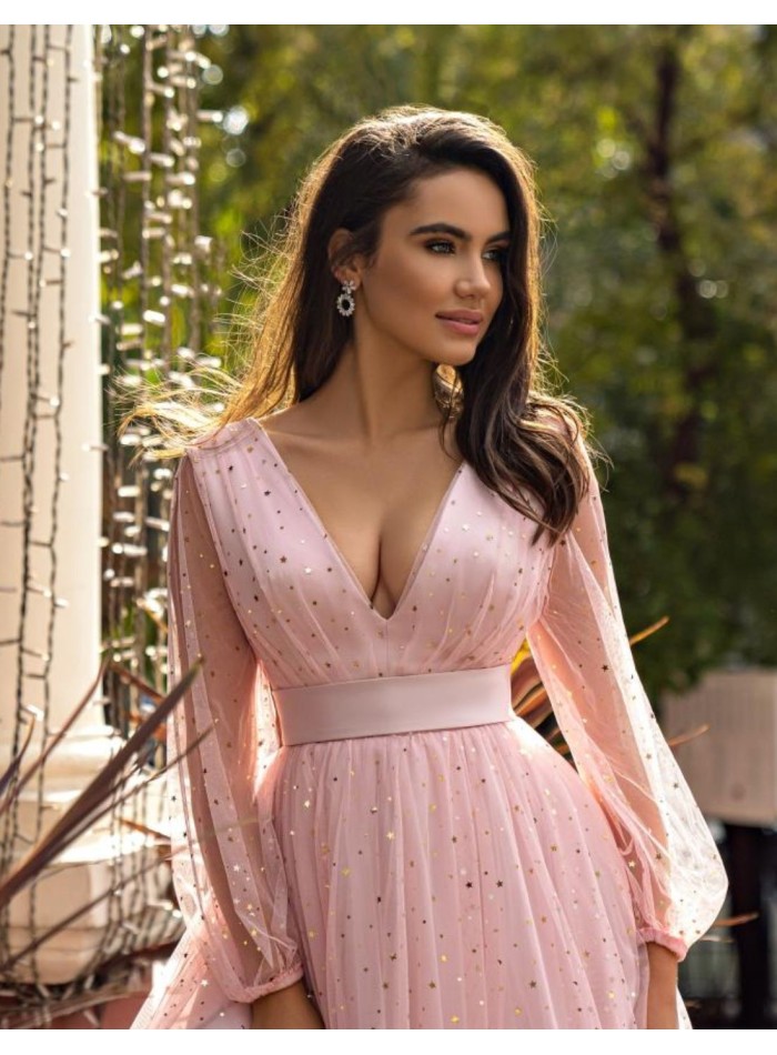 Pink party dress with neckline and long sleeves