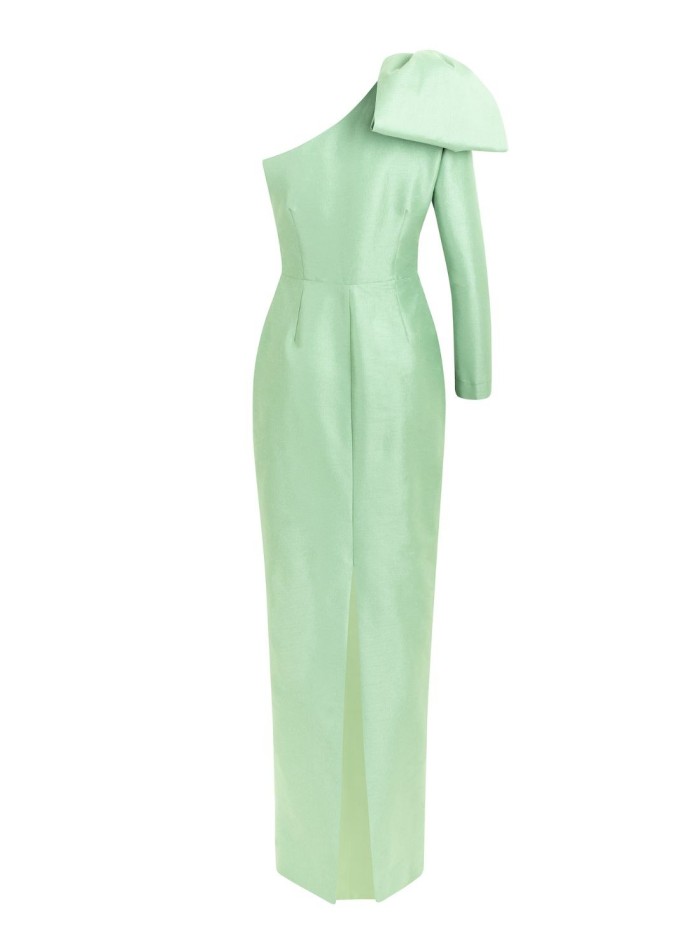 Long party dress with asymmetric neckline and...