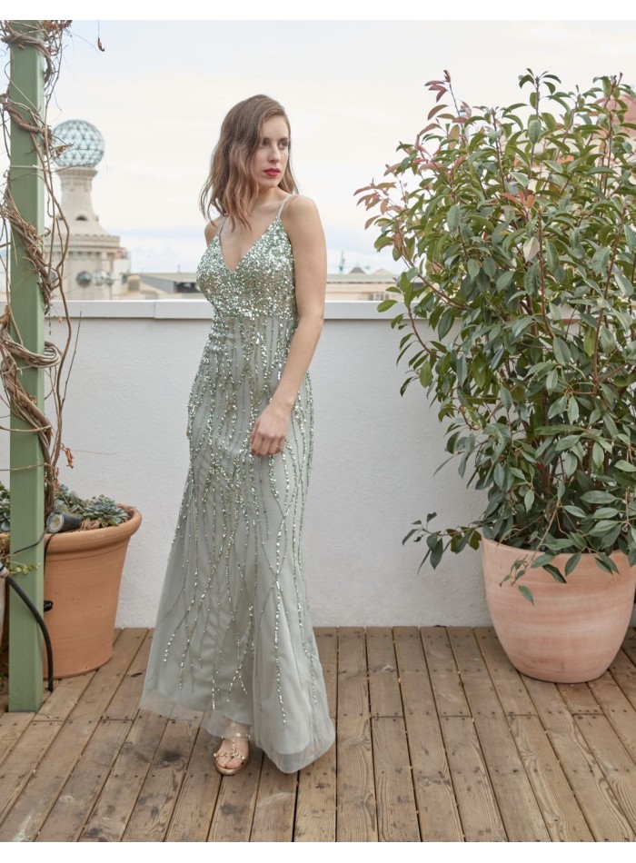 Robe de soirée menthe avec décolleté et paillettes