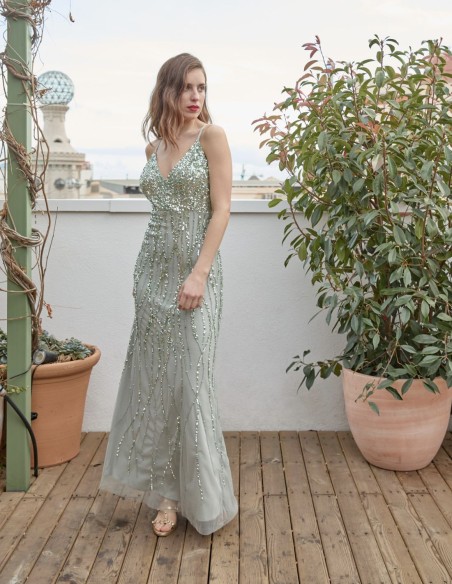Mint party dress with neckline and sequins