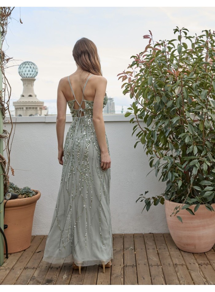 Mint party dress with neckline and sequins