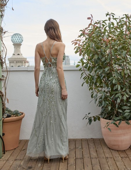 Mint party dress with neckline and sequins