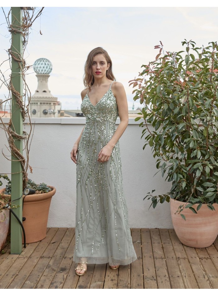 Robe de soirée menthe avec décolleté et paillettes