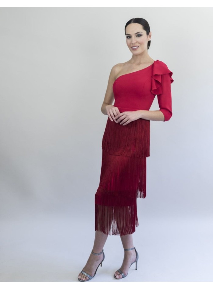Asymmetric midi party dress with fringed skirt