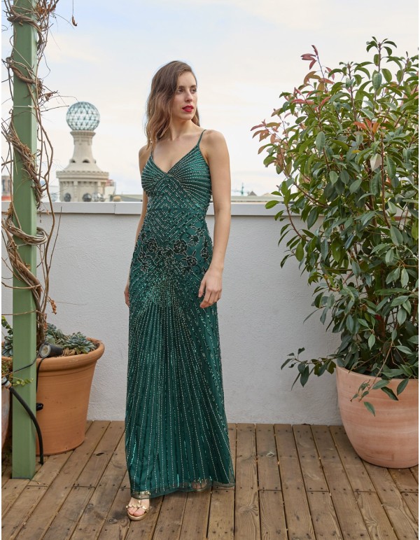 Evening dress with a floaty skirt and rhinestones