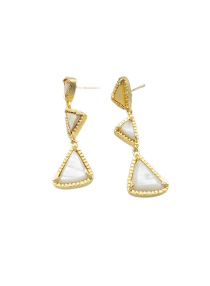 Gold plated long party earrings with mother of pearl stone