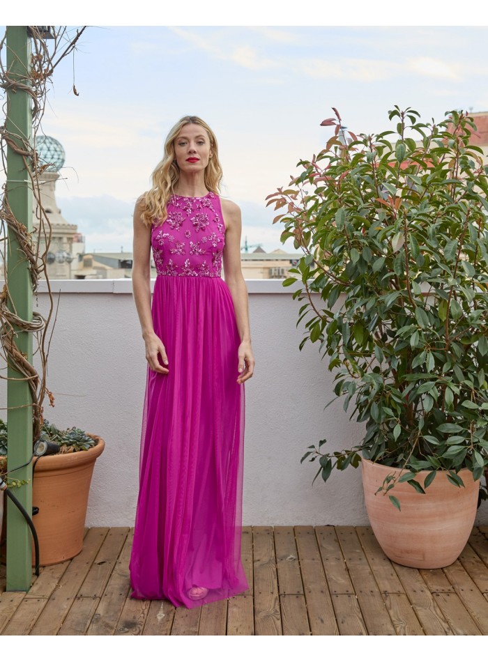 Robe longue de fête avec jupe en tulle et corsage en strass