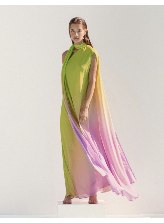Multicoloured long dress with asymmetric neckline