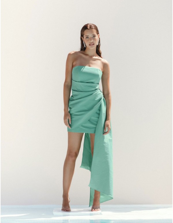 Short draped party dress with bandeau neckline
