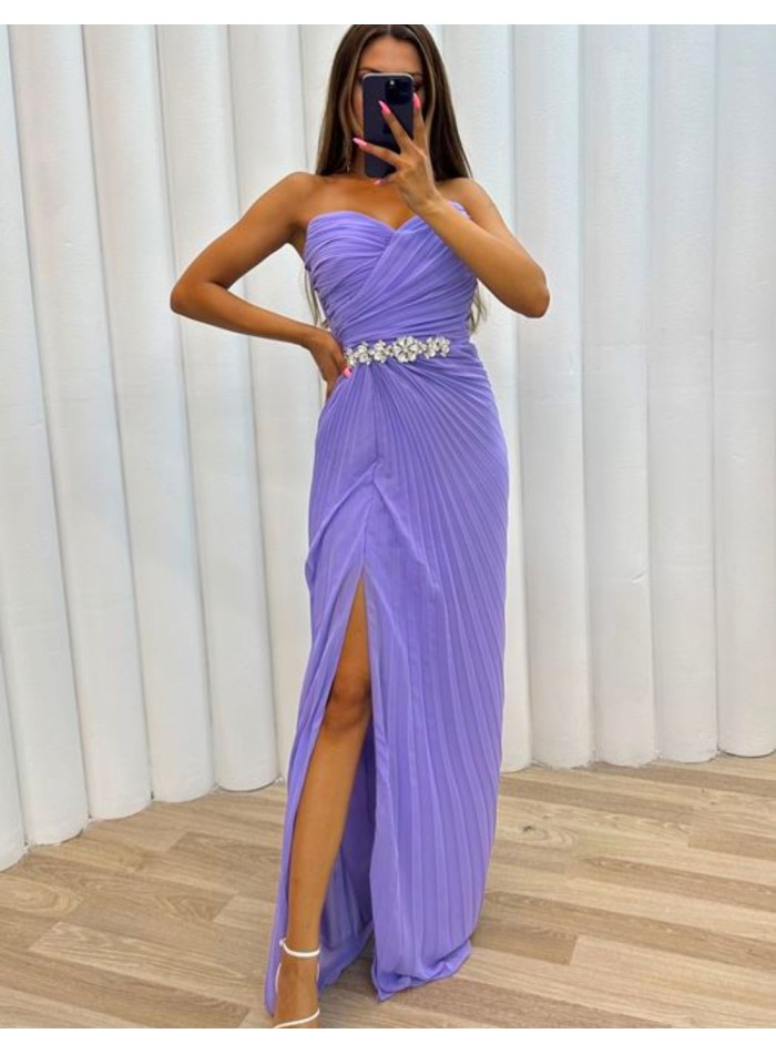 Long pleated party dress with rhinestone belt