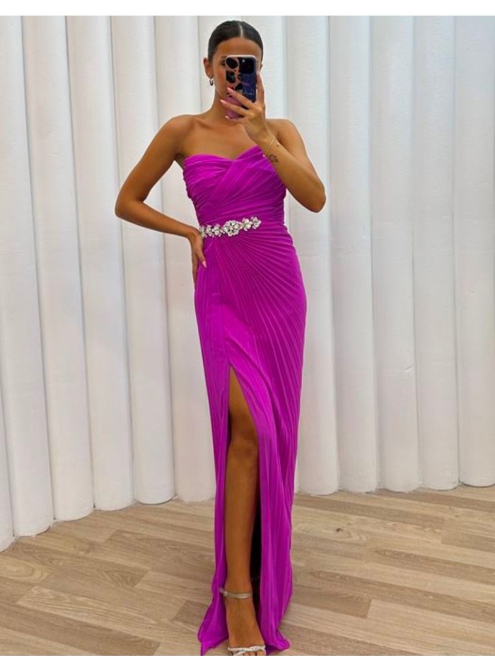 Long pleated party dress with rhinestone belt