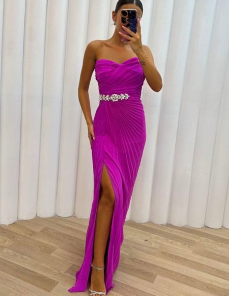 Long pleated ball gown with rhinestone belt