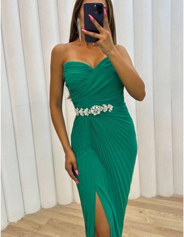 Long pleated ball gown with rhinestone belt 2