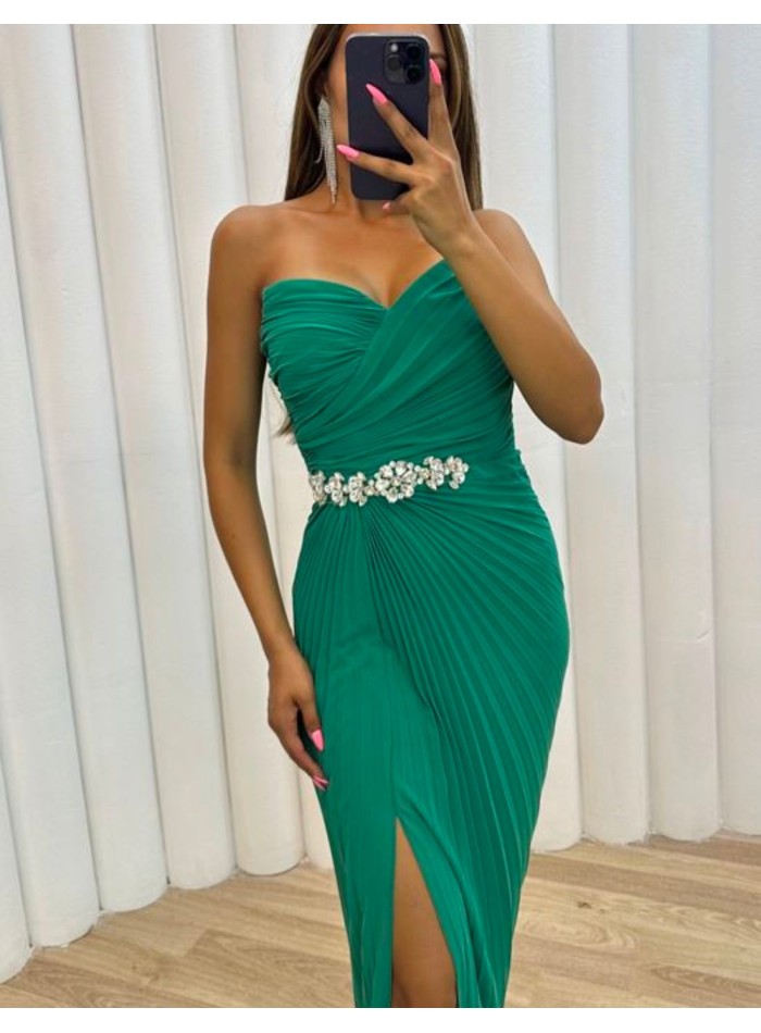 Long pleated ball gown with rhinestone belt