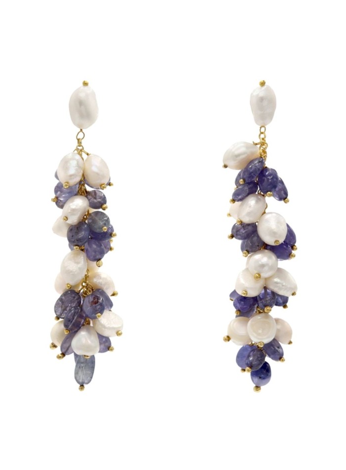 Boucle d'oreilles longue avec perles blanches et bleues