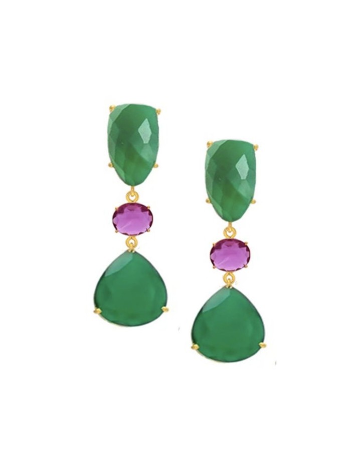 pendientes de fiesta largos que cuelgan piedras en color verde y fucsia.